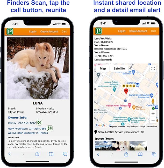 Premium QR Code Pet ID Tags - Receive Instant Scanned Tag Location Email Alert