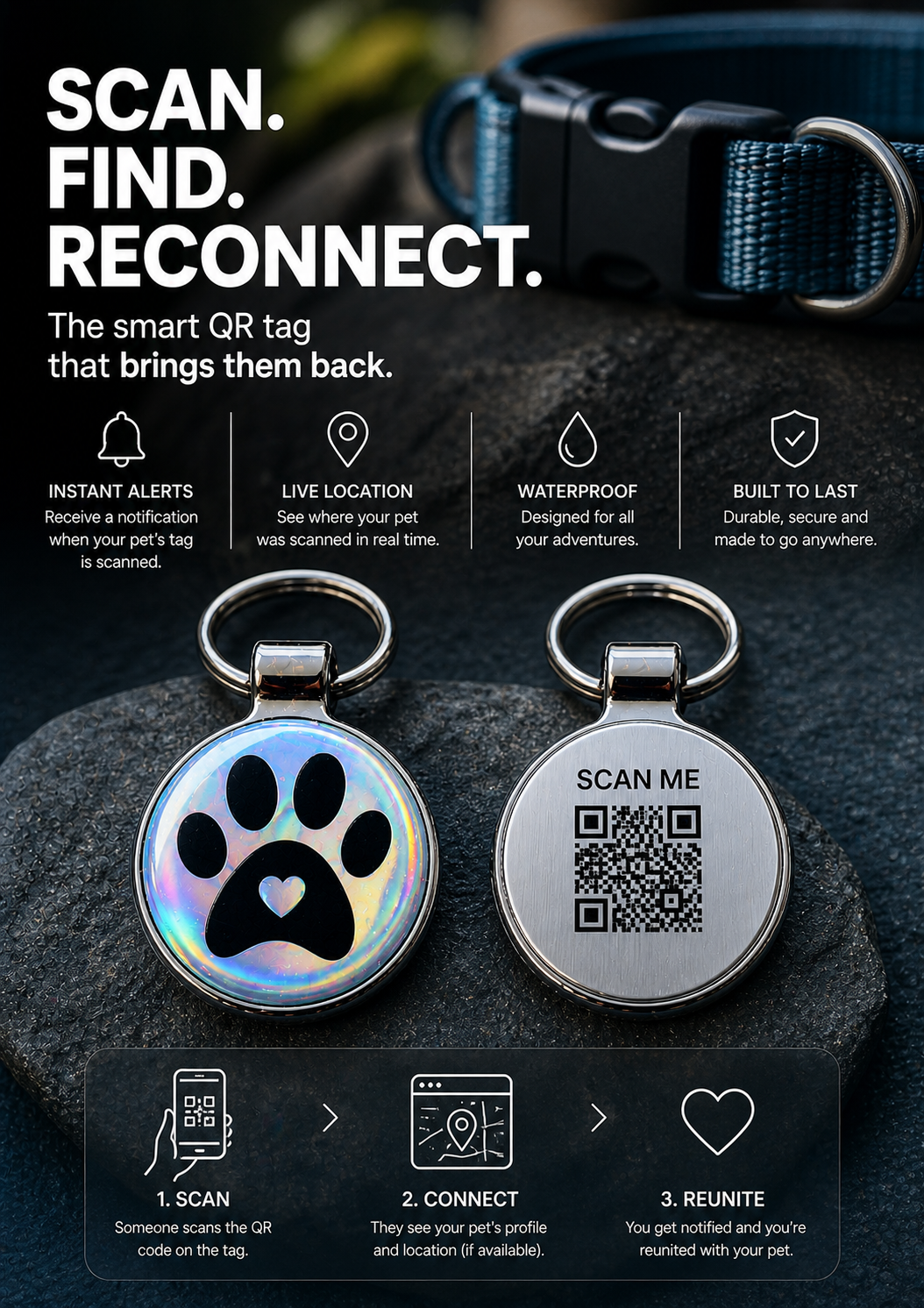 Premium QR Code Pet ID Tags - Receive Instant Scanned Tag Location Email Alert