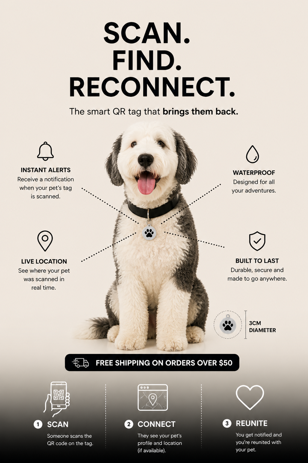 Premium QR Code Pet ID Tags - Receive Instant Scanned Tag Location Email Alert
